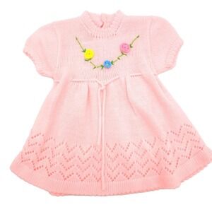 Vintage Soft Spun Knit Baby Dress Pink Floral Embroidered Pointelle 18M